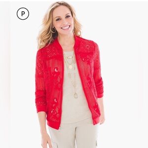 Chico's Cherry Red Thick Lace Crochet Jacket Bomber Full Zip Up